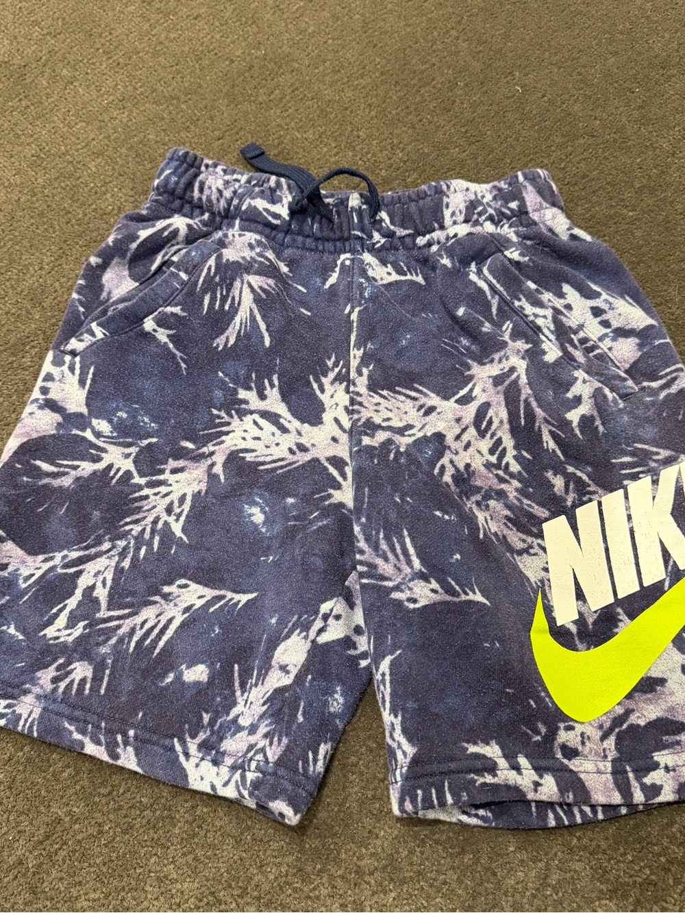 Nike Kids Navy Tie-Dye Shorts with Neon Yellow Logo
